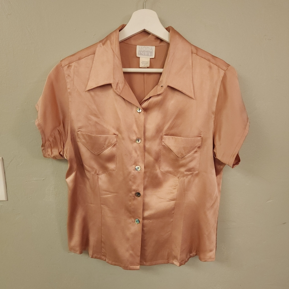 Vintage 80s Moda Intl Silk Abalone Button up Top